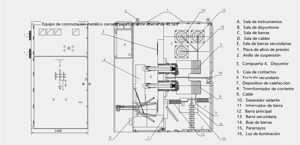 Diagrama estructural del equipo de la aparamenta blindada extraíble de CA con envolvente metálica KYN61-40.5(Z)