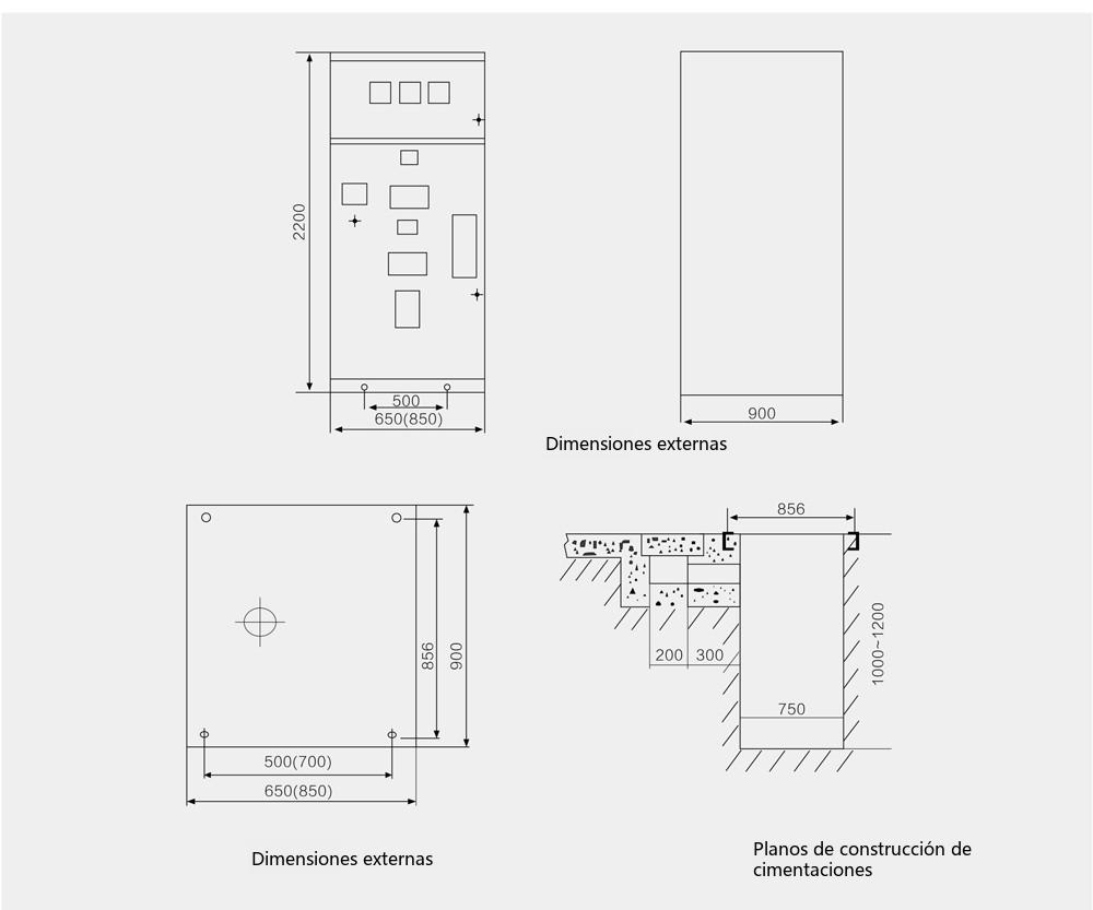 Diagrama de dimensiones generales y de instalación de la aparamenta de CA con envolvente metálica fija tipo caja HXGN17-12