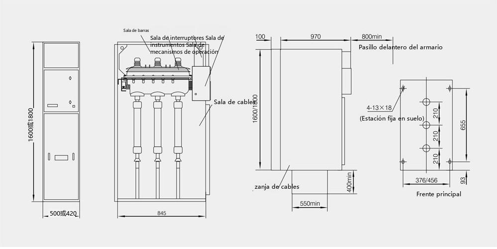 Diagrama de dimensiones generales de la aparamenta de red en anillo XGN15-12