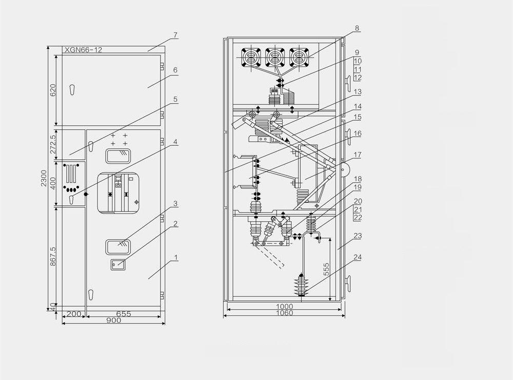 Diagrama de disposición de la aparamenta encerrada fija XGN66-12