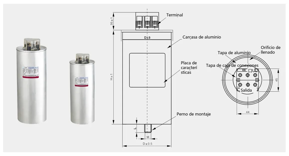 Diagrama de dimensiones exteriores y de instalación del condensador de compensación por fases BSMJ