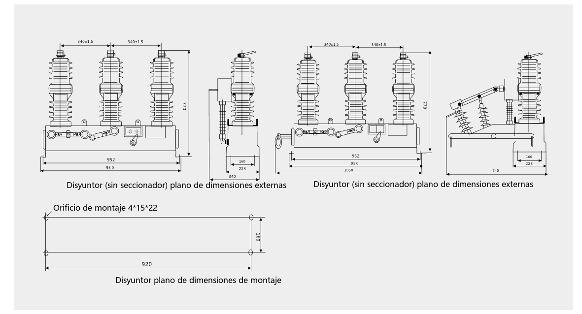 Dimensiones generales y de instalación del interruptor automático de vacío de exterior ZW32-12(G)