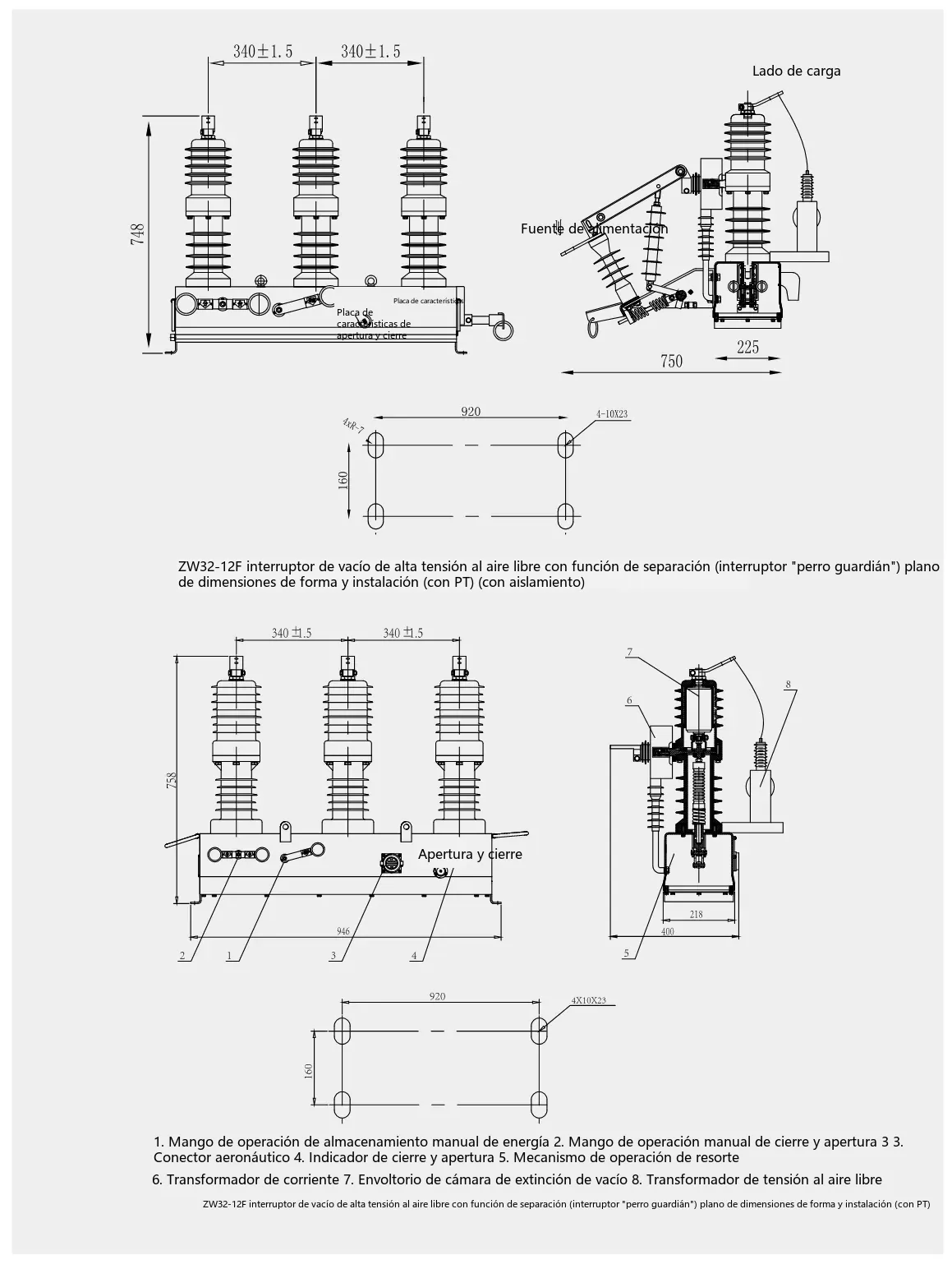 Diagrama de dimensiones generales y de instalación del interruptor automático de vacío de exterior de seccionalización ZW32-12FG/630A