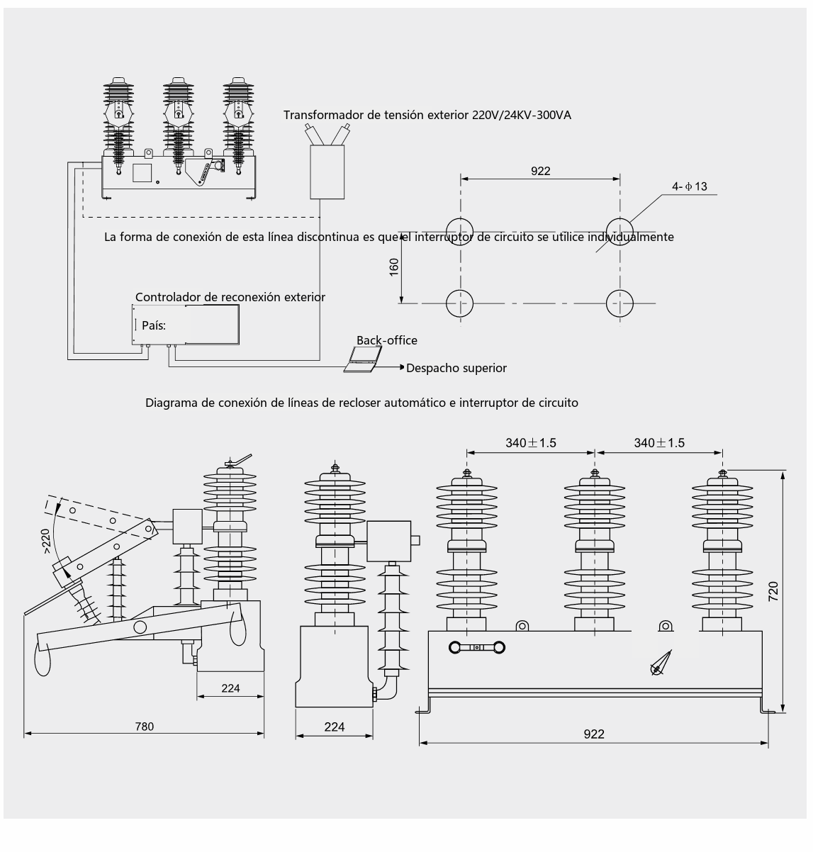 Dimensiones generales y de montaje del interruptor automático de vacío de exterior ZW32ABG-12