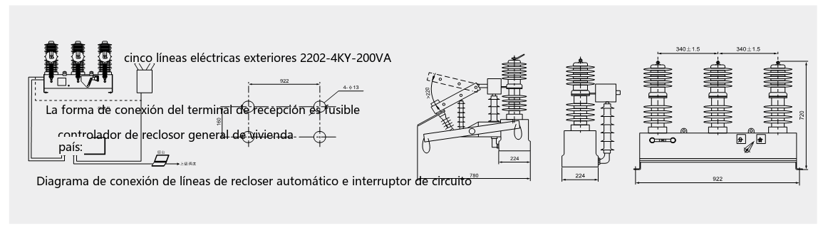 Conexión del circuito y dimensiones generales del interruptor automático de vacío de exterior ZW32M(T)-12