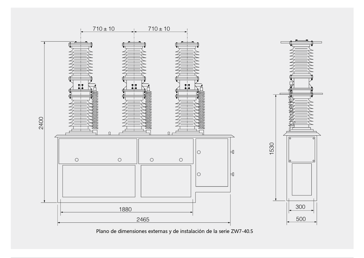 Diagrama de dimensiones generales y de instalación del interruptor automático de vacío de exterior ZW7-40.5kV/630A