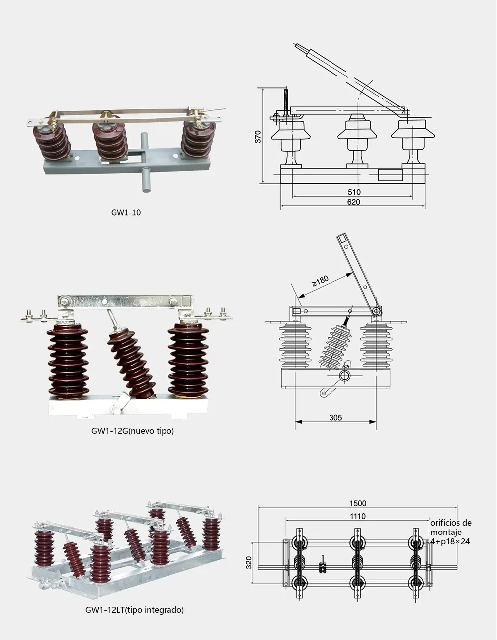 Diagrama de dimensiones generales y de instalación del seccionador de alta tensión de exterior de 10kV GW1-10/630