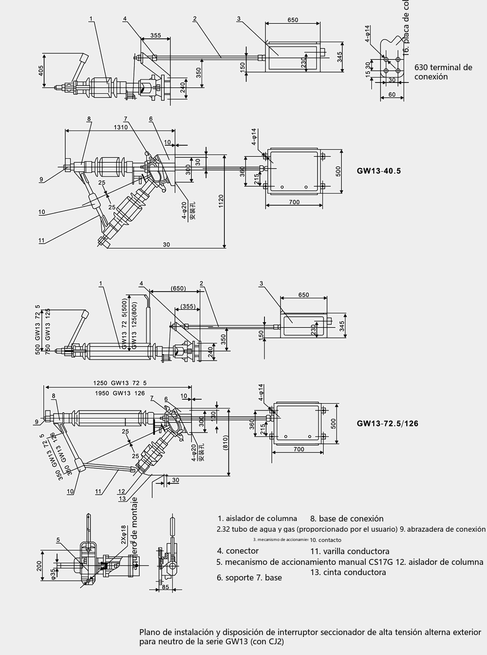 Diagrama de dimensiones generales y de instalación del seccionador de alta tensión de punto neutro de 12/40.5/72.5kV serie GW13 630A