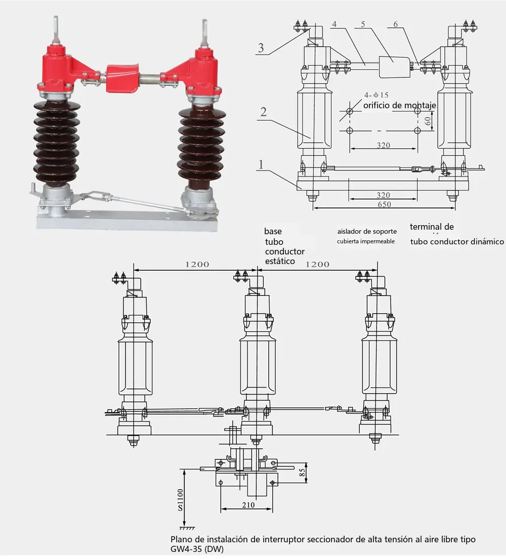 Diagrama de dimensiones generales y de instalación del seccionador de exterior de doble columna y apertura horizontal GW4-126/3150