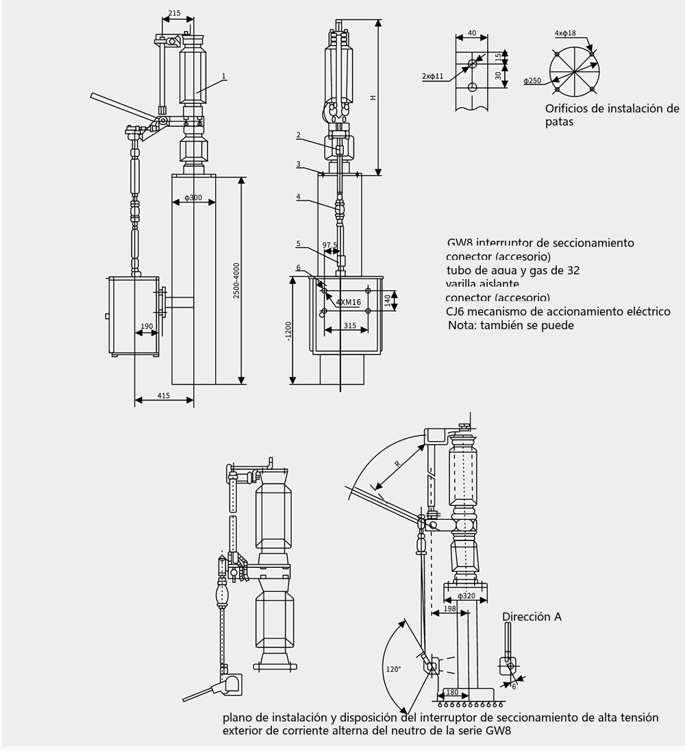 Diagrama de dimensiones generales y de instalación del seccionador de alta tensión de punto neutro de 72.5/126kV GW8-72.5/126