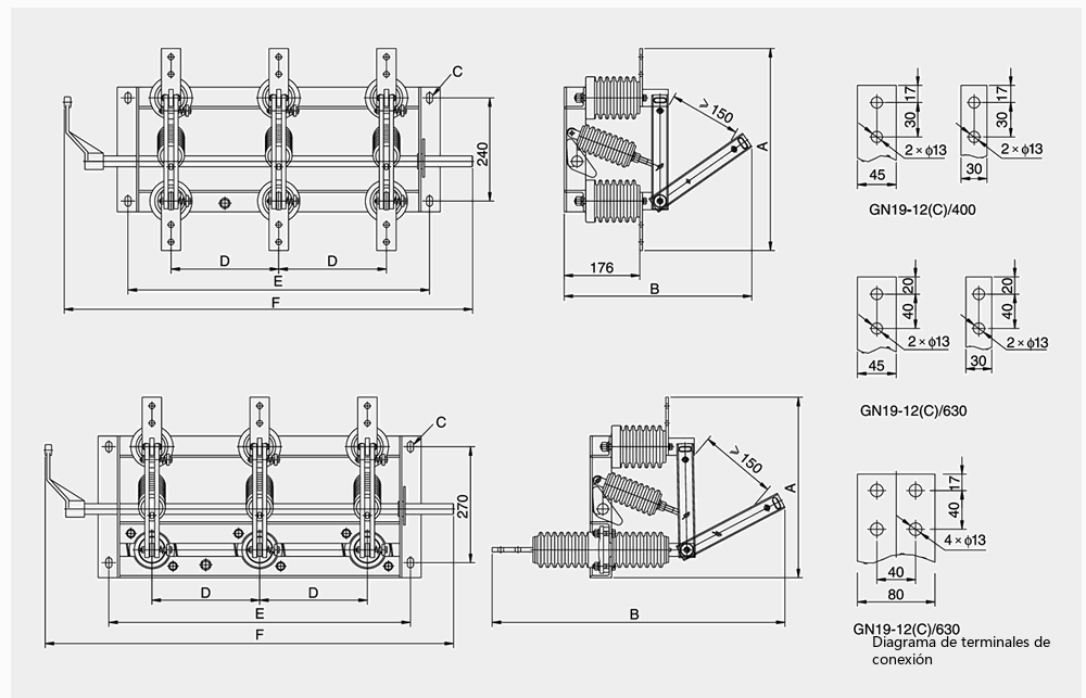 Diagrama de dimensiones generales y de instalación del seccionador de interior de alta tensión GN19-12