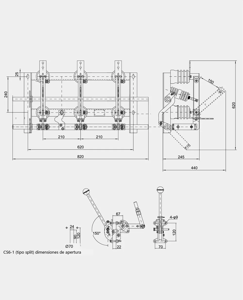 Diagrama de dimensiones generales y de instalación del seccionador de interior de alta tensión GN24-12D