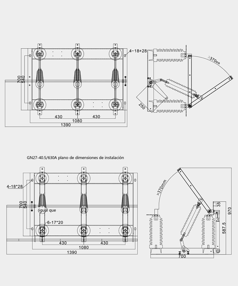 Diagrama de dimensiones generales y de instalación del seccionador de interior de alta tensión GN27-40.5