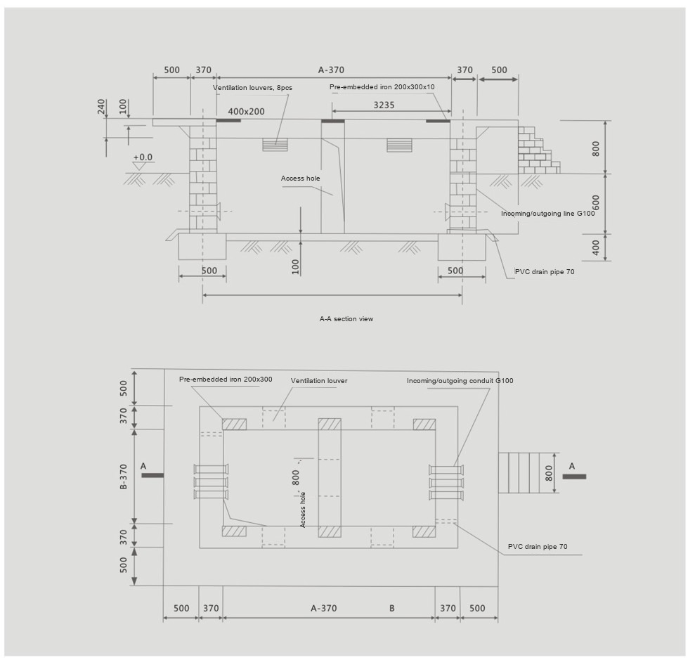 plano y dimensiones estructurales de la subestación compacta para energía eólica YB-40.5