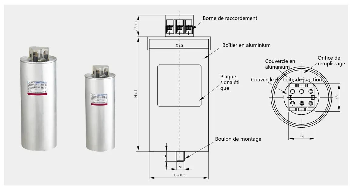 Schéma d'encombrement et de dimensions d'installation du condensateur de compensation déphasée BSMJ