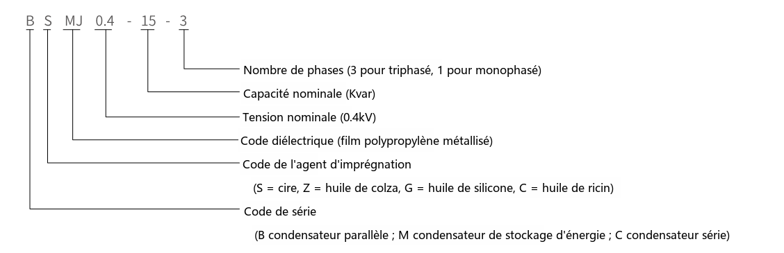 Schéma de désignation du type du condensateur de puissance shunt basse tension auto-régénérateur BSMJ
