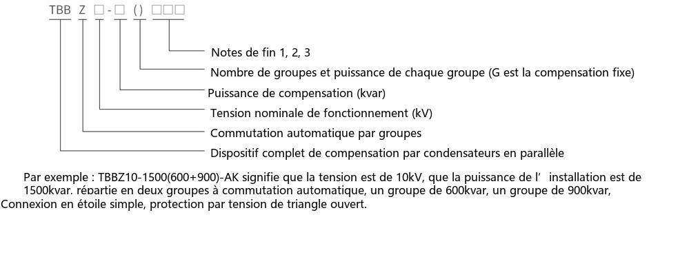 Schéma de désignation du type du dispositif automatique de compensation d'énergie réactive haute tension de la série TBBZ