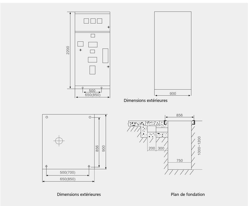 Schéma des dimensions d'encombrement et d'installation de l'appareillage de distribution blindé à enveloppe métallique, à fixation fixe, à courant alternatif HXGN17-12