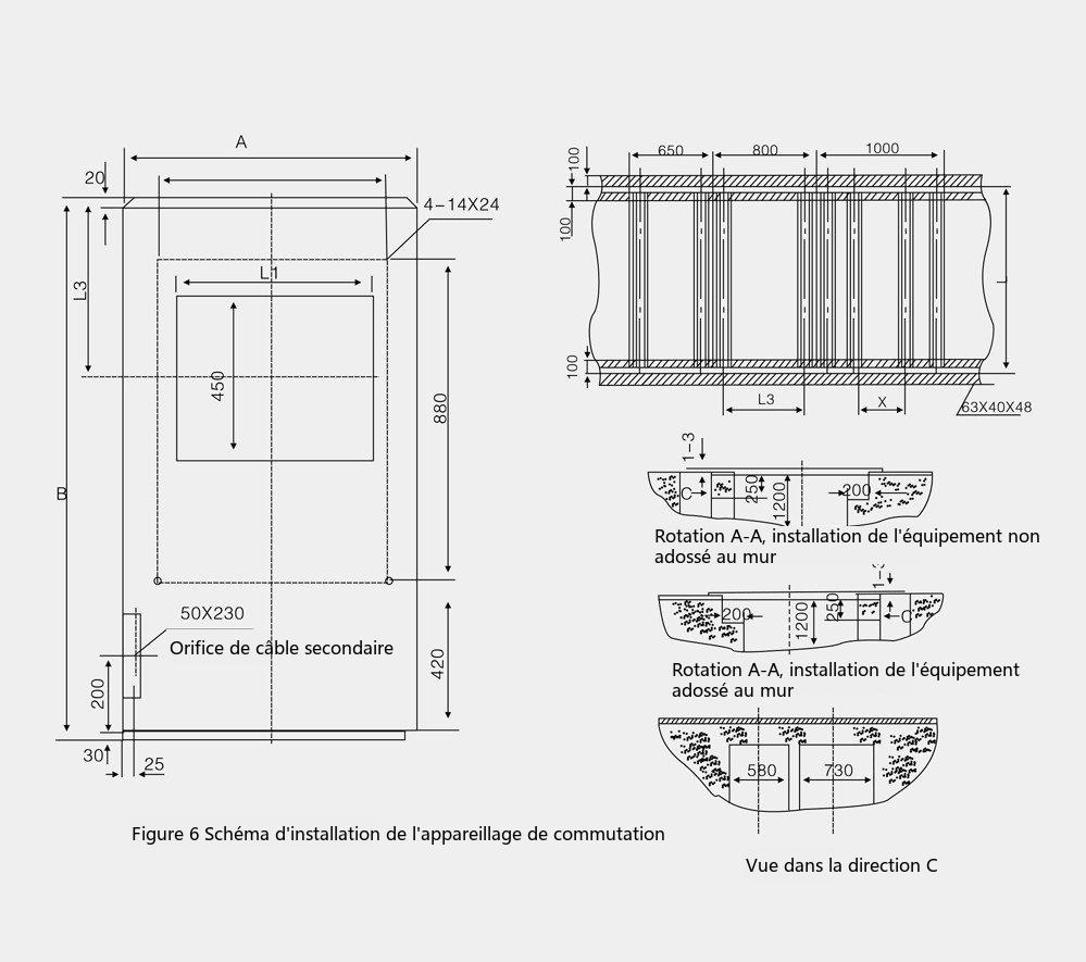 Schéma des dimensions hors tout de l'armoire d'appareillage à montage central blindée à courant alternatif d'intérieur KYN28A-12 (1)