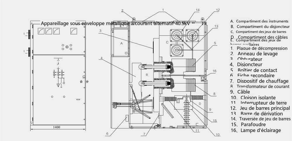 Schéma de la structure de l'équipement de l'appareillage de commutation métal-blindé à tiroir débrochable en courant alternatif à enveloppe métallique KYN61-40.5(Z)