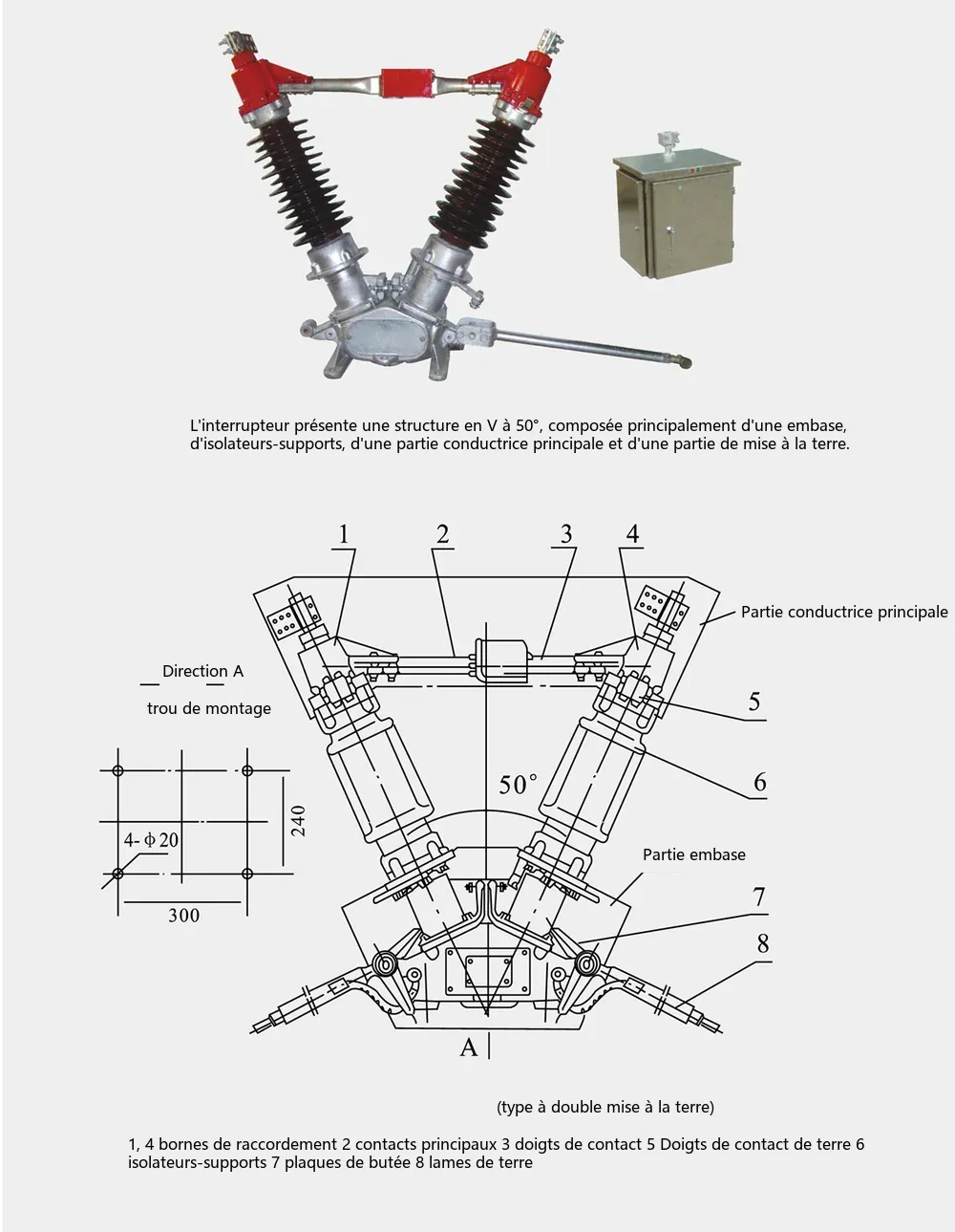 Schéma d'encombrement et de dimensions d'installation du sectionneur d'extérieur à double colonne type V GW5-126/3150