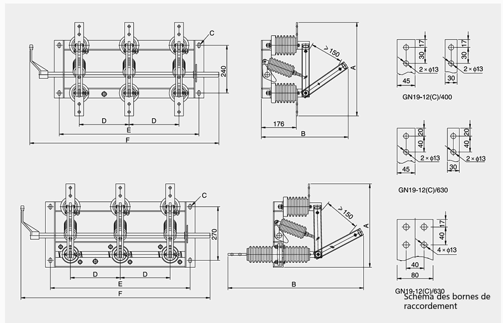 Schéma d'encombrement et de dimensions d'installation du sectionneur haute tension d'intérieur GN19-12
