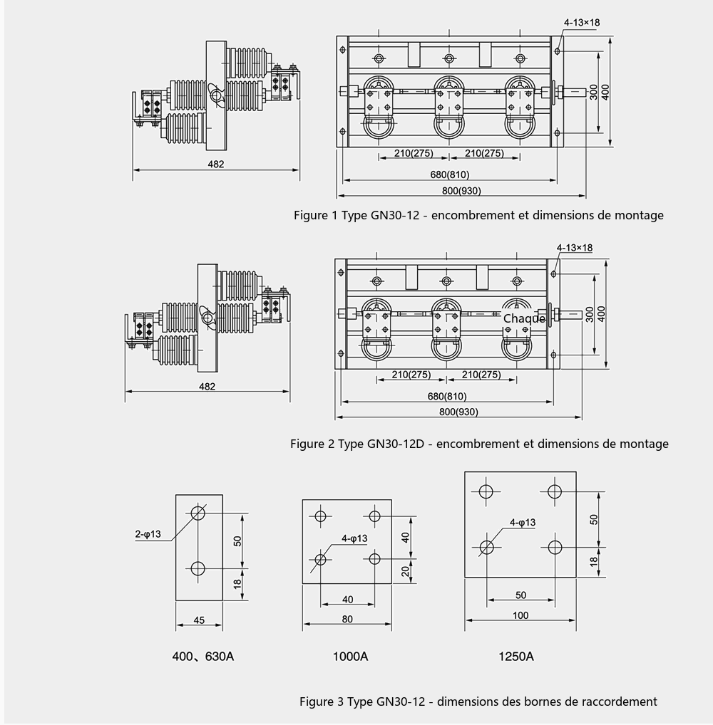 Schéma d'encombrement et de dimensions d'installation du sectionneur haute tension d'intérieur GN30-12
