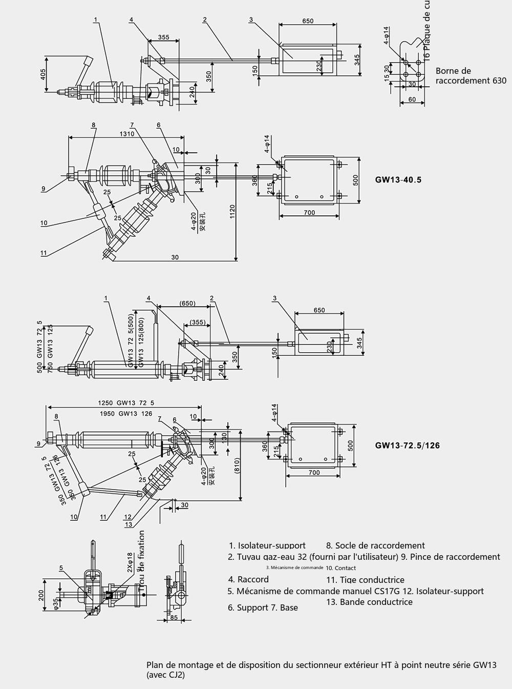 Schéma d'encombrement et de dimensions d'installation du sectionneur haute tension de point neutre 12/40.5/72.5kV série GW13 630A