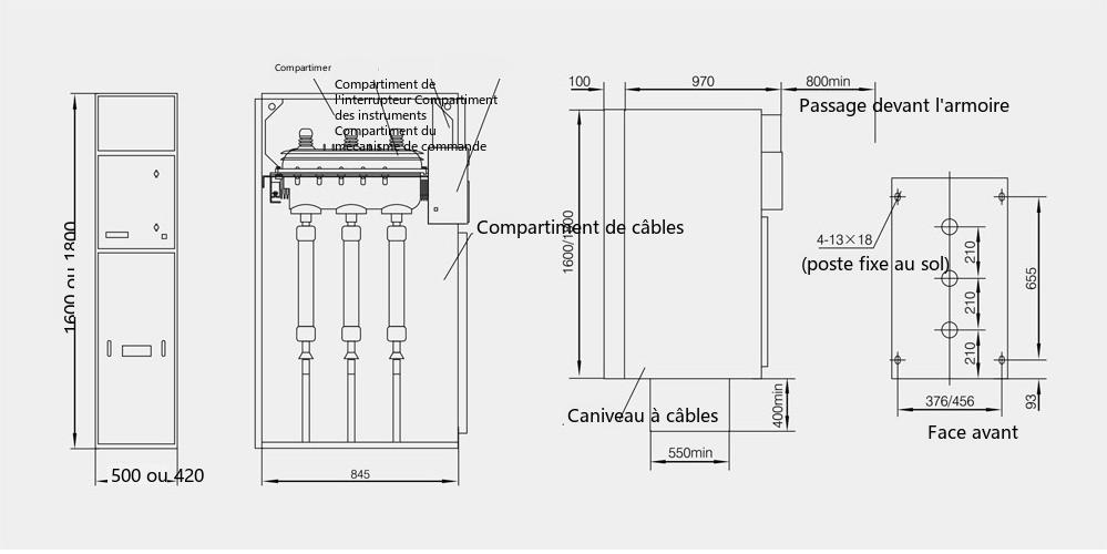 Schéma des dimensions hors tout de l'armoire de poste de distribution en boucle XGN15-12