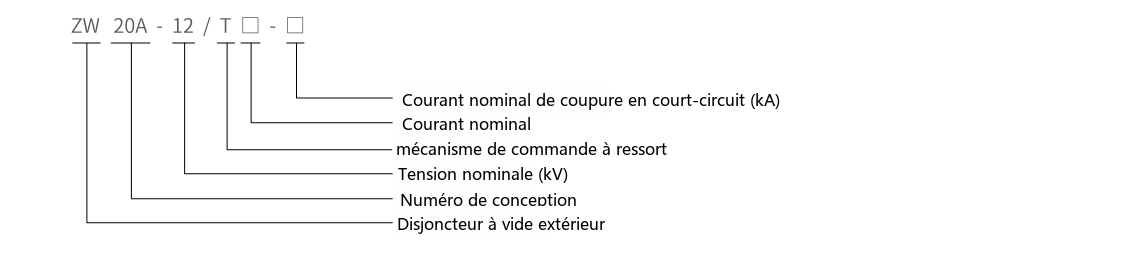 Schéma de désignation du type du disjoncteur à vide haute tension d'extérieur ZW20A-12/630A