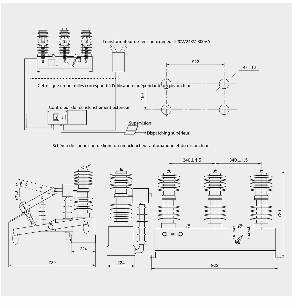 Dimensions d'encombrement et de montage du disjoncteur à vide d'extérieur ZW32ABG-12