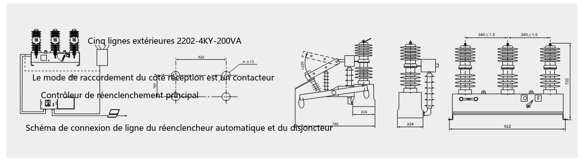 Schéma de connexion et dimensions d'encombrement du disjoncteur à vide d'extérieur ZW32M(T)-12