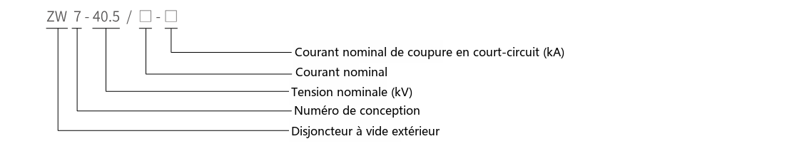 Schéma de désignation du type de disjoncteur à vide haute tension d'extérieur ZW7-40.5kV/630A