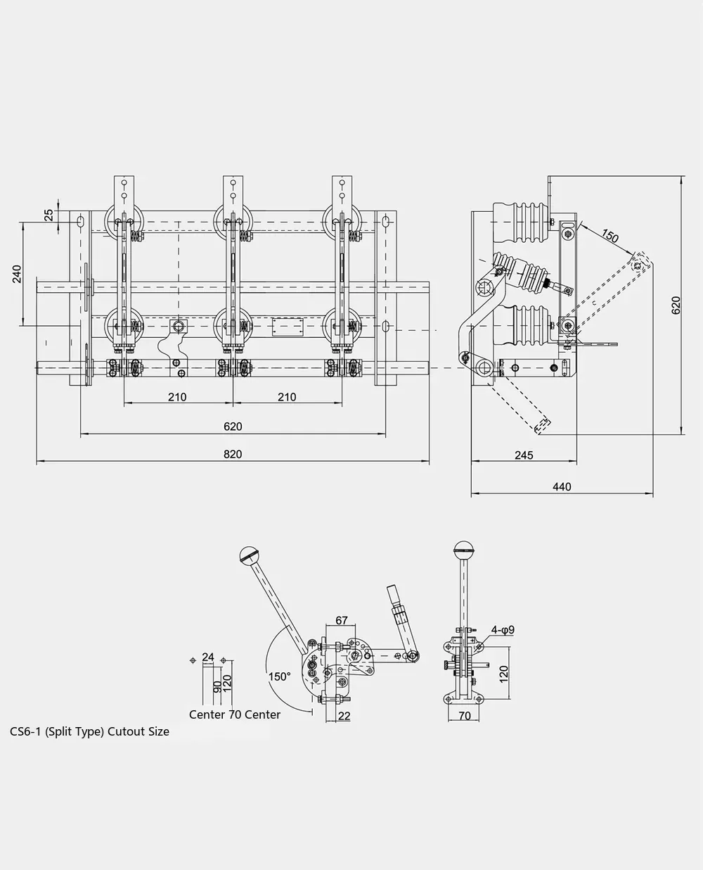 GN24-12Dindoor high-voltage disconnector outline & installation dimensions diagram