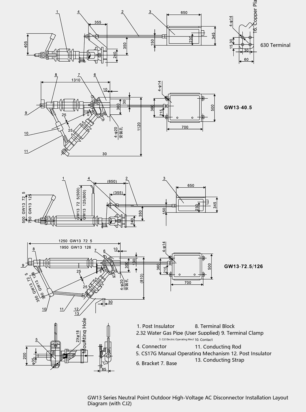 12/40.5/72.5kVneutral-point high-voltage disconnector GW13 series 630A outline & installation dimensions diagram