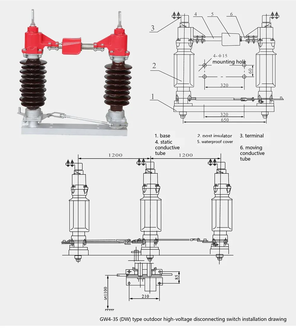 GW4-40.5/630outdoor double-column horizontal-opening disconnector outline & installation dimensions diagram
