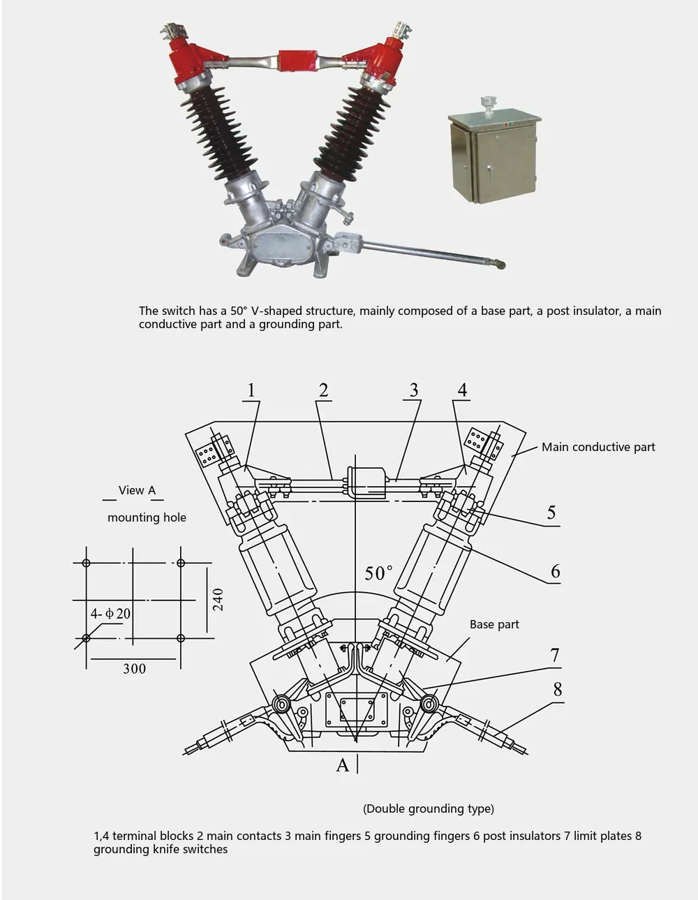 GW5-72.5/1250outdoor double-column V-type disconnector outline & installation dimensions diagram
