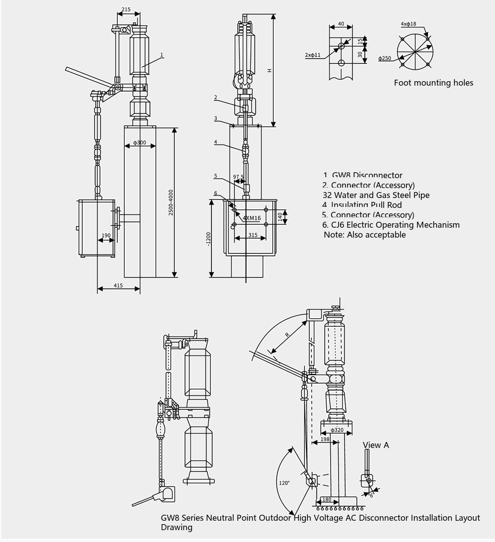 72.5/126kVneutral-point high-voltage disconnector GW8-72.5/126 outline & installation dimensions diagram