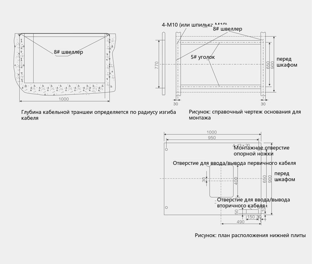 Справочная схема фундамента для установки фиксированного закрытого распределительного устройства XGN66-12