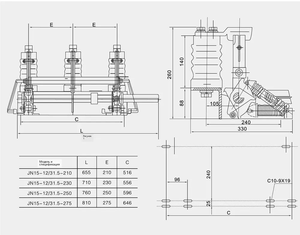 Outline and installation dimensions of the JN15-12/31.5 series