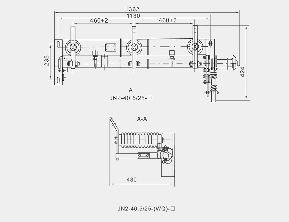 Outline and installation dimensions of JN2-40.5/25 and JN2-40.5/25-(WQ)