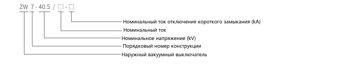 ZW7-40.5kV/630A схема обозначения типа выключателя наружной установки высокого напряжения вакуумного